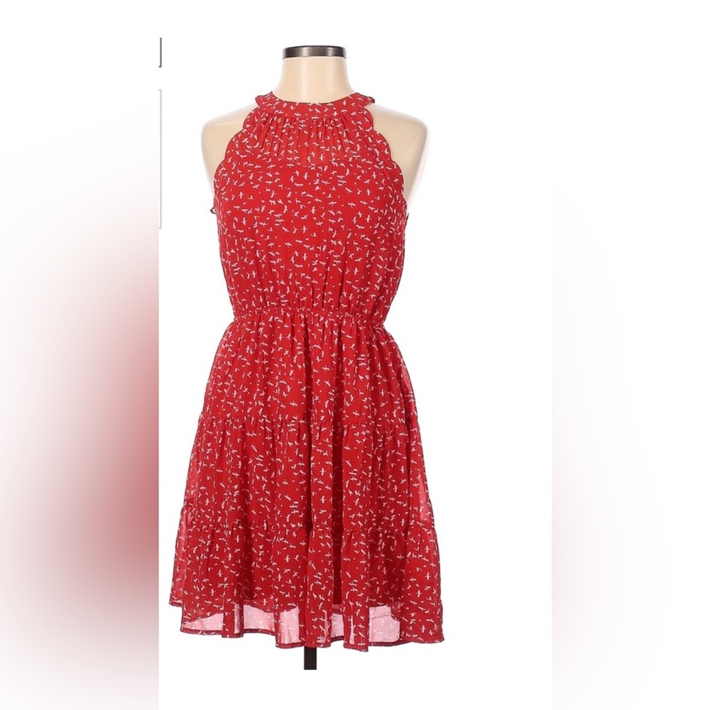 NWT Monteau Los Angeles Red White Print Sleeveless Fit & Flare Tiered Mini Dress